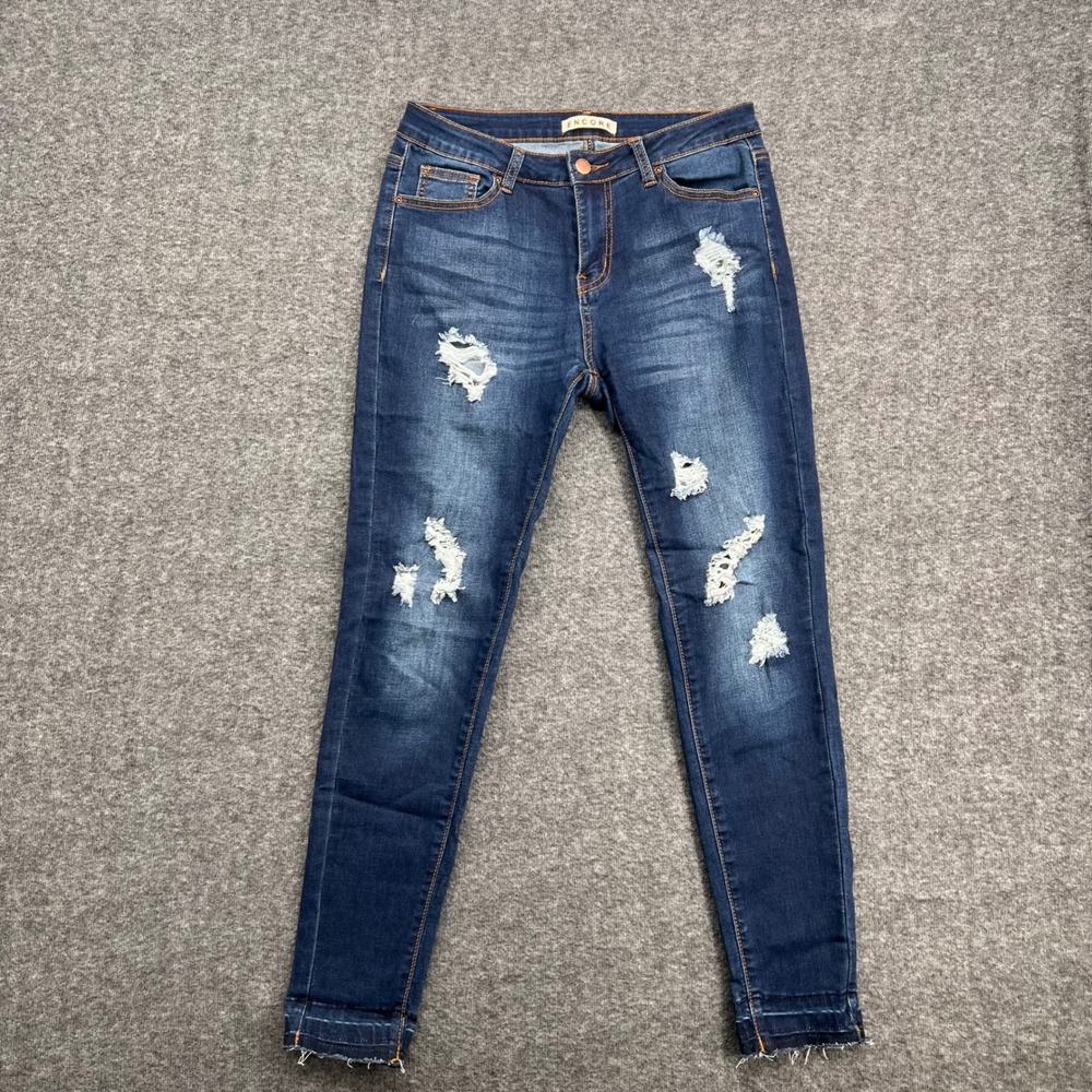 Encore Womens Dark Wash Distressed Skinny Jeans Ripped Raw Hem Size 9